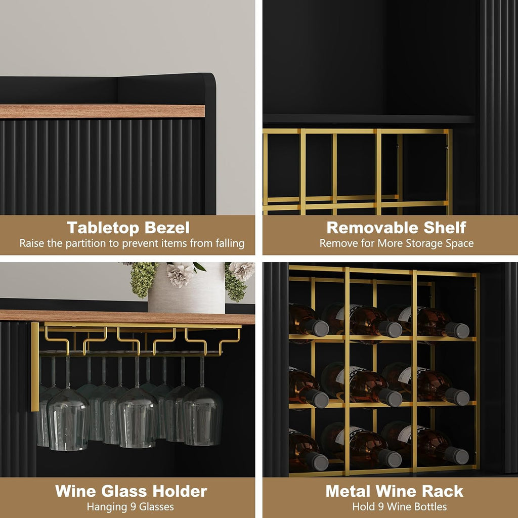 48" Wine Bar Cabinet with Fluted Texture, Buffet Sideboard, Black | Modern Storage Cabinet with Wine Rack & Glass
