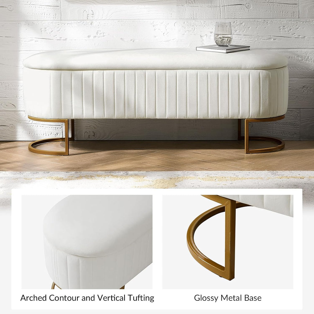50.5" Velvet Bedroom Storage Bench Ottoman, Upholstered End of Bed Bench with Gold Legs, Flipping Lid Entryway