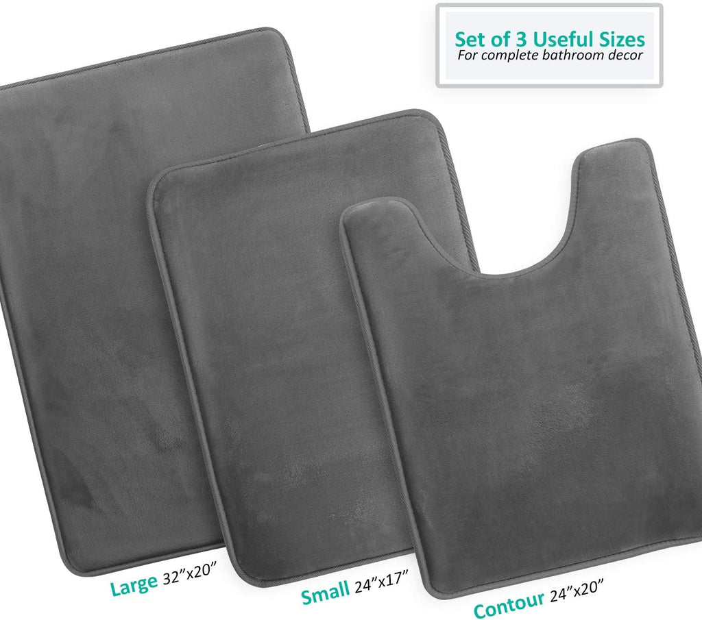 3 Piece Bathroom Rugs Bath Mat Set, Velvet Memory Foam Bath Mats - Non-Slip, PVC Backing Bath Rugs, Washable - Dries