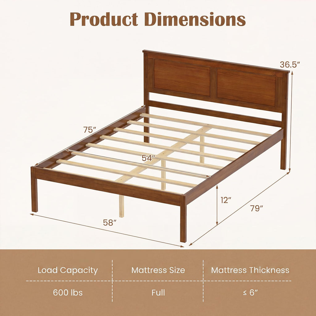 Full Size Bed Frame, Farmhouse Wooden Platform Bed with Headboard