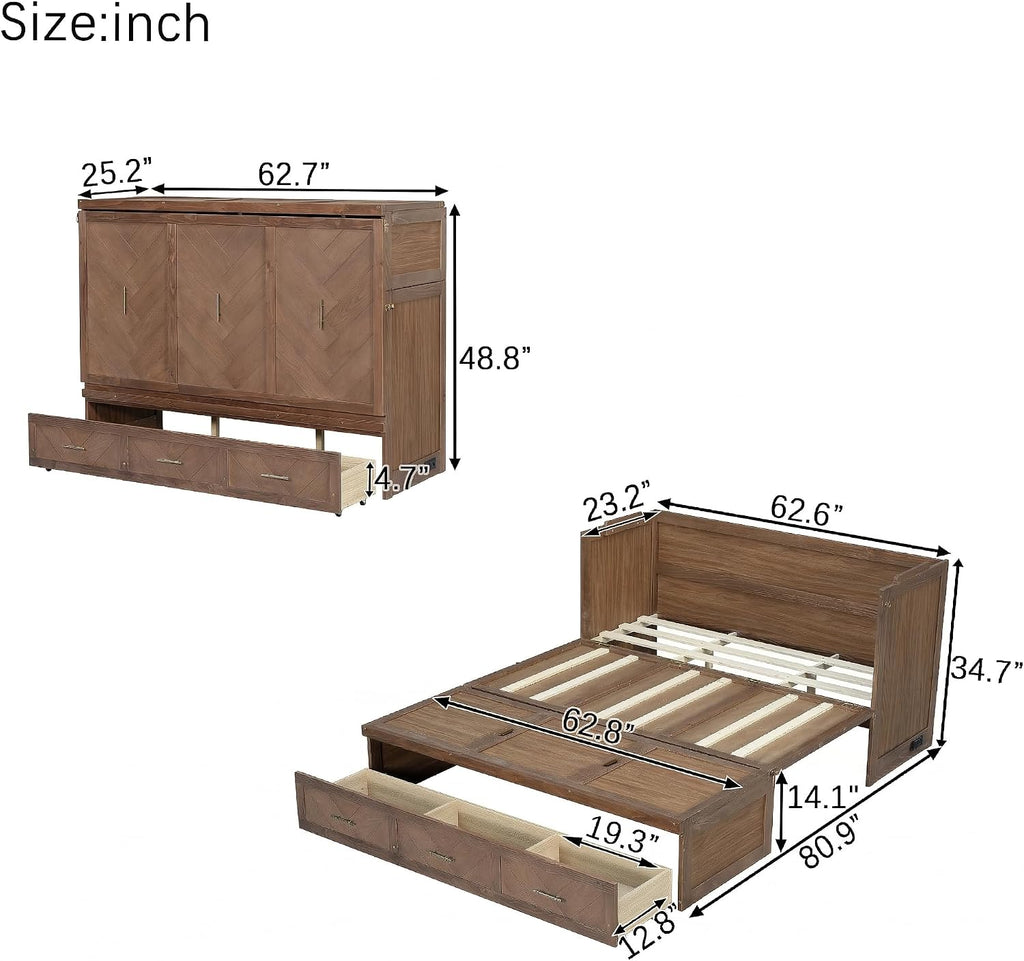 Queen Murphy Bed with Charging Station and Storage, Farmhouse Murphy Bed with Foldable Panel for Guest Bedroom