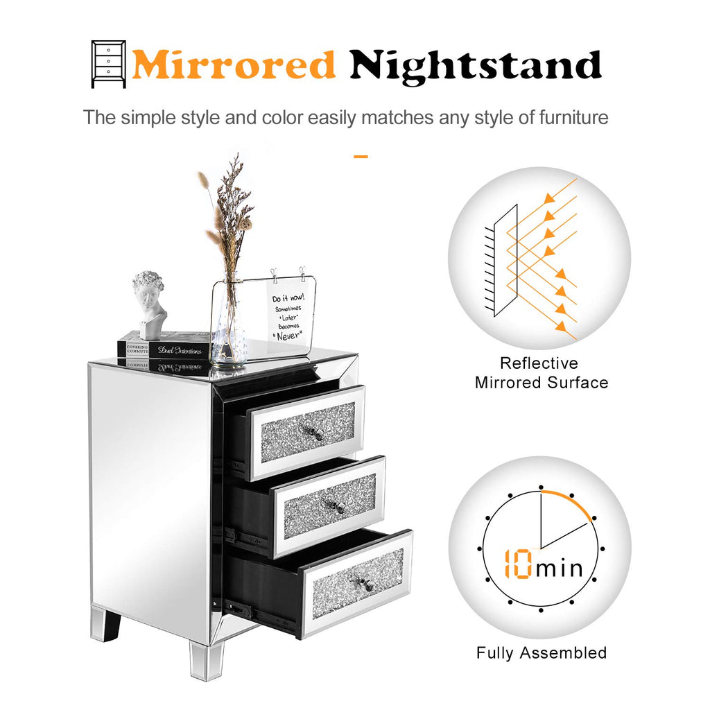 Mirrored Nightstand with 3 Drawers Modern End Table Bed Side Table with Mirrored Finish, 17.72-inch W x 13.78-inch D