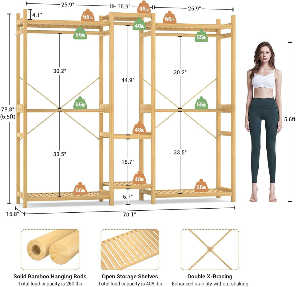 Bamboo Closet System Clothes Rack, Large Freestanding Garment Rack Clothing Rack for Hanging Clothes with 7 Storage
