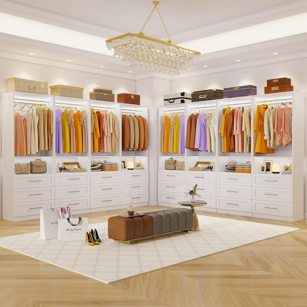 Closet System Set of 4, 8FT-21FT Walk in Closet System with 12 Drawers & 8 Adjustable Hanging Rods, Custom Closet