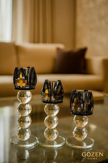 3-Piece Quality Crystal Sparkle Candlestick Set | Black Glass Holders with Amber Tops | Refined Tall Design for