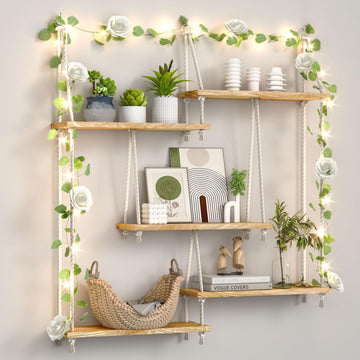 Hanging Shelves for Wall, Macrame Hanging Plant Shelf with Vine Lights 5 Tier Rope Floating Shelf Wood Organizer