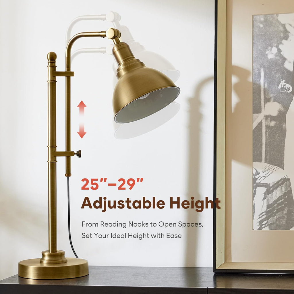 Rustic Desk Lamp Brass Adjustable, Industrial Style Metal Task Lamps 25"-29", Vintage Work Light
