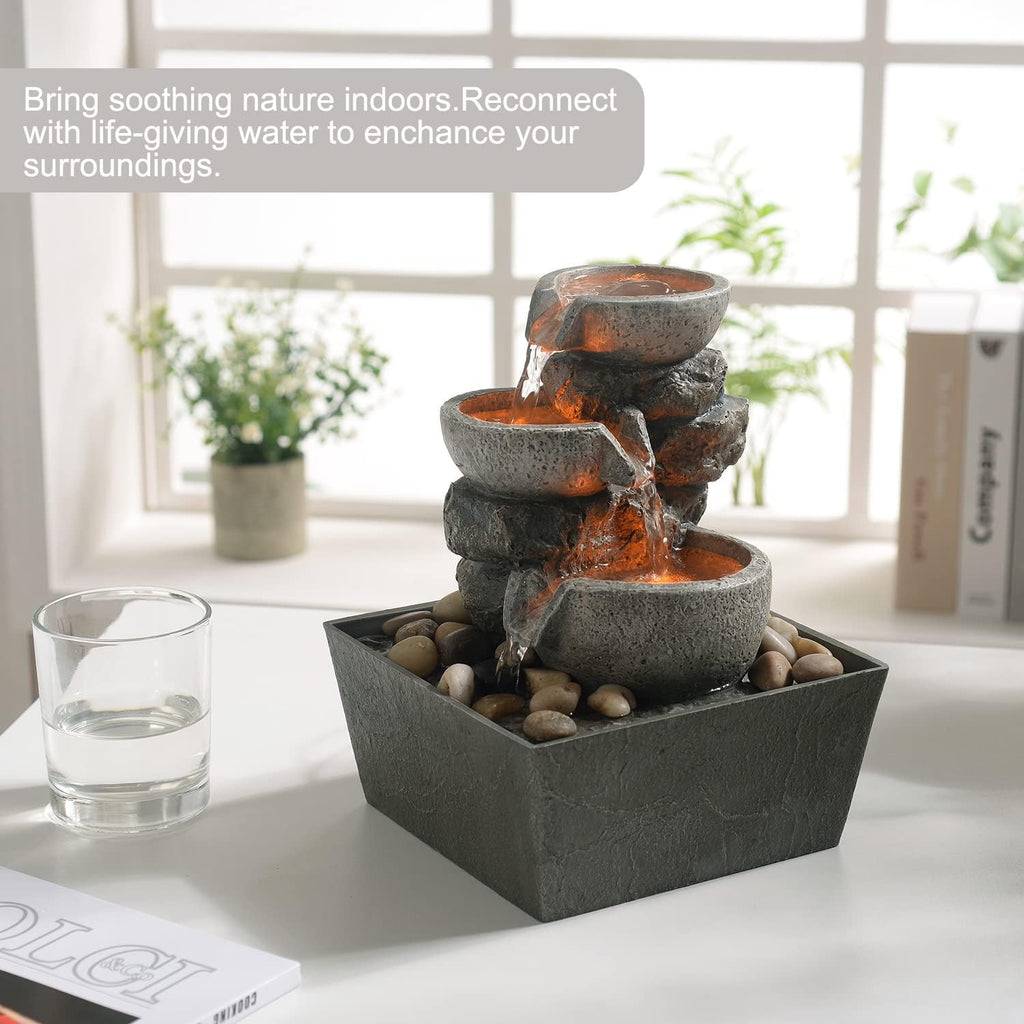 Decorative Indoor Fountain 3-Bowl Rockery Soothing Sound Tabletop Fountains Decor with Led Light/Some