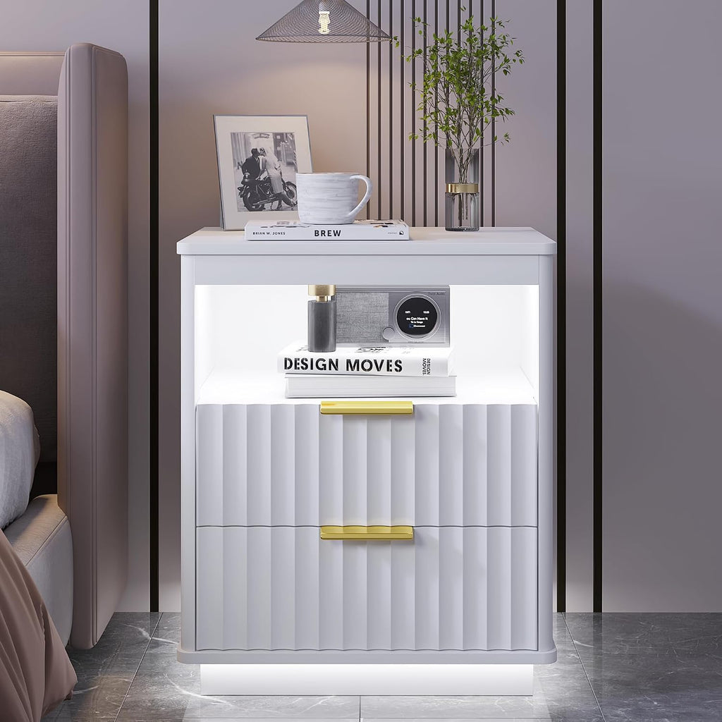 Nightstand Set 2 with LED Light & Charging Station, White | 2 Drawers, Open storage space, Smart Bedside Table, Human