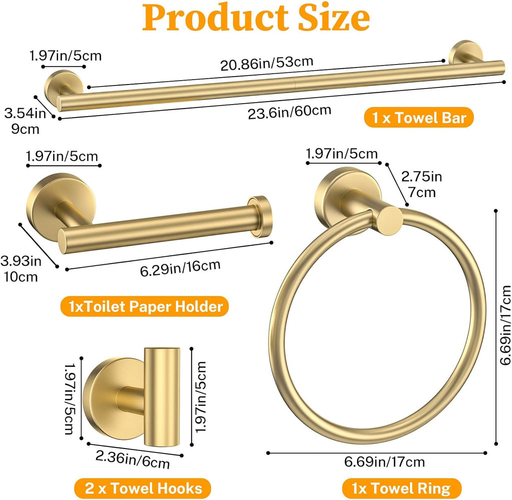 Brushed Gold Towel Bar Set 10 Pieces Round Bathroom Hardware Set Includes 23.6in Towel Bar Towel Ring Toilet Paper