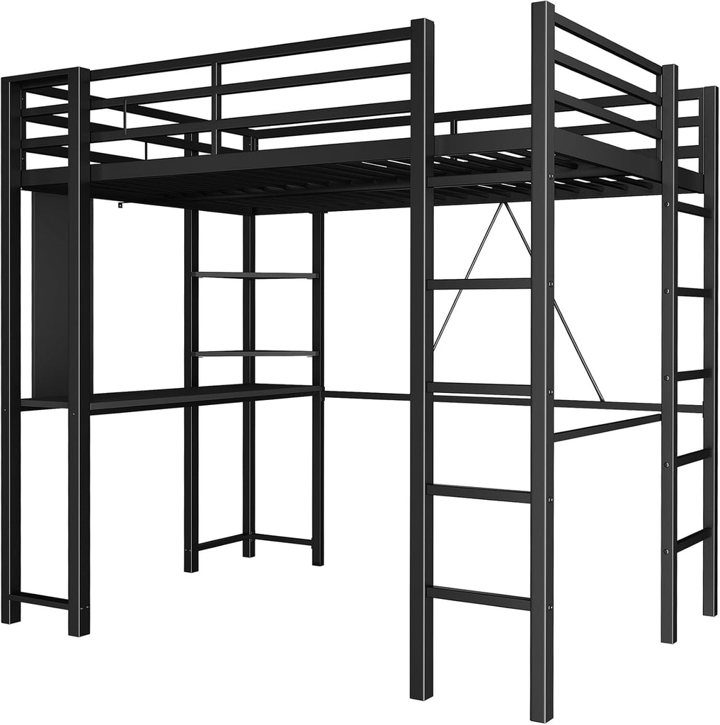 Loft Bed with Desk, Metal Loft Bed Full with 2 Built-in Ladders, Space-Saving Bed Frame, with Safety Guard