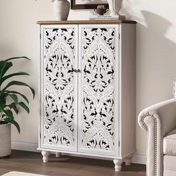 47" Tall Accent Cabinet with Carved Doors & Storage | Vertical Storage, Carved Floral Design, Mandala White Buffet