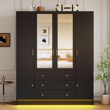 4 Doors LED Armoire Wardrobe Closet with Mirror, 75" Tall Modern Wooden Wardrobe Closet with 3 Drawers, Freestanding