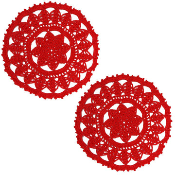 2 PCS Leaves Flower Lace Doilies 9 x 9 Inch Crochet Round Coasters Dining Room Elegant Tableware Place Mats (Red)