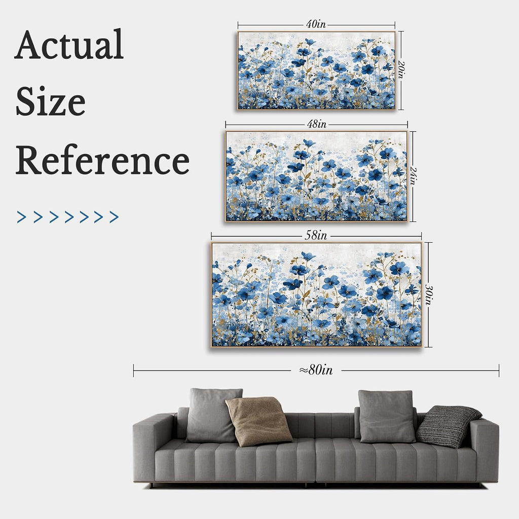 Floral Canvas Wall Art Blue & Gold Framed Flower Print Ready to Hang Modern Boho Decor Bedroom Dining Room