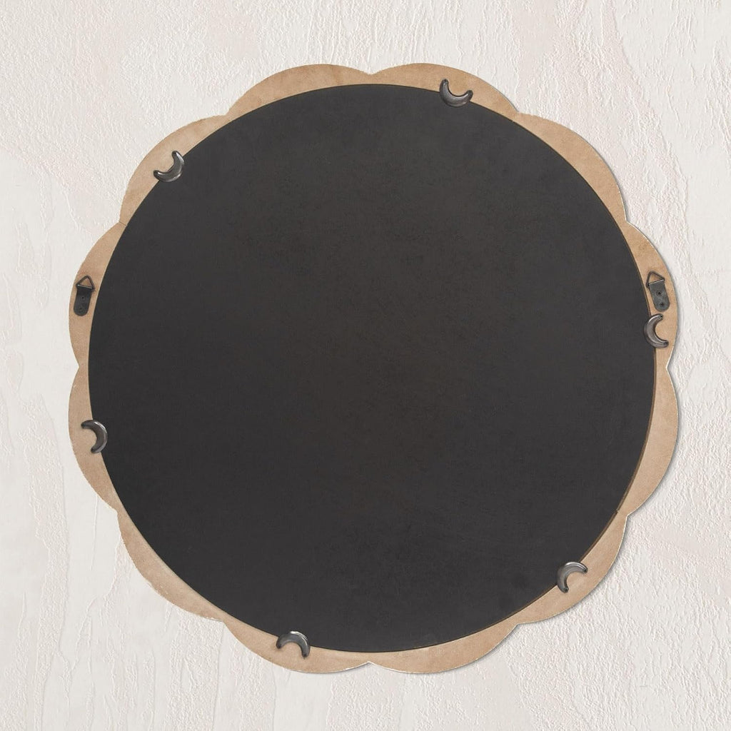 24 Inch Round Wall Mirror, Whitewashed Wooden Frame with Scalloped Edge & Beaded Trim, Decorative Farmhouse Boho Mirror