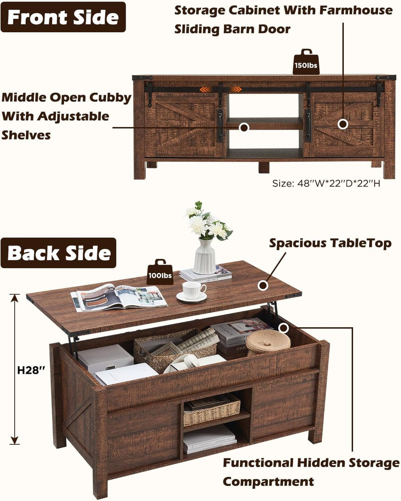 48" Farmhouse Lift Top Coffee Table with Sliding Barn Door,Rustic Center Table with Hidden Storage Compartment,Lifting