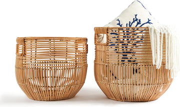 Set Of 2 Large Woven Blanket Baskets With Handles | Round Wicker Rattan Storage Floor Baskets for Shoe | Extra Big