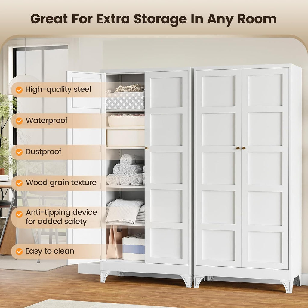 Metal Storage Cabinet with 2 Doors and 4 Adjustable Shelves,- 72" White Kitchen Pantry Storage Cabinet