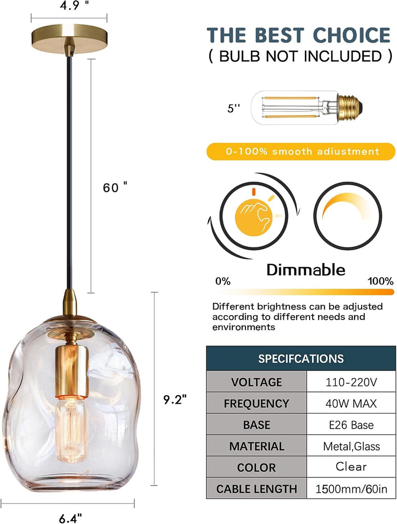 Pendant Lights Kitchen Island 2 Pack Modern Contemporary Clear Glass Organic Globe Brass Gold Hanging Light