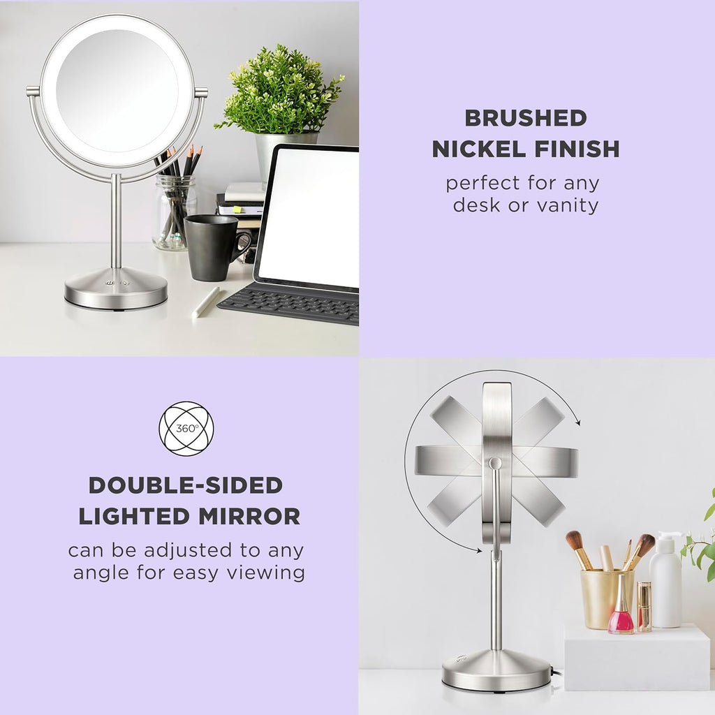 Lighted Makeup Mirror, Double-Sided LED Vanity Mirror with 1X/10X Magnification, 3 Light Settings, 3 Modes, 360°