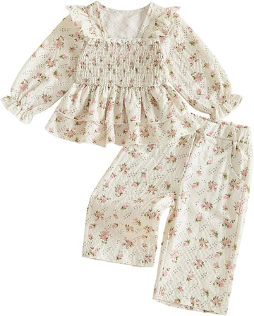 Toddler Baby Girl Fall Outfit Floral Print Smocked Shirt Pants Set