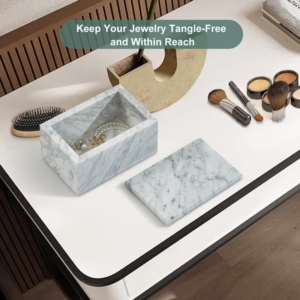 Natural Marble Storage Box with Lid, Rectangular Organizer for Jewelry