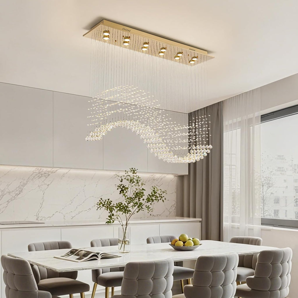 12-Lights Modern Crystal Chandeliers, Luxury Wave Raindrop Crystal Pedant Light Fixture, Rectangular Flush Mount