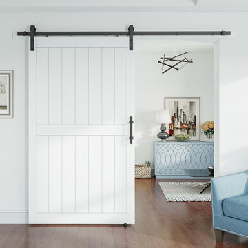 48 x 84 inch White Sliding MDF Barn Door with 8FT Black Sliding Door Hardware Kit & Handle, Pre-Dril