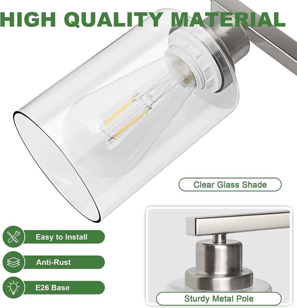 Bathroom Light Fixtures, 4-Light Vanity Lights with Clear Glass Shade, Modern Brushed Nickel Wall Light for Mirror