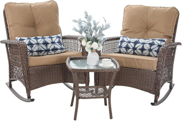Patio Furniture Set 3 Pieces, Wicker Outdoor Rocking Bistro Set, Khaki | Outdoor Rocker Chairs with 4" Thick Cushions