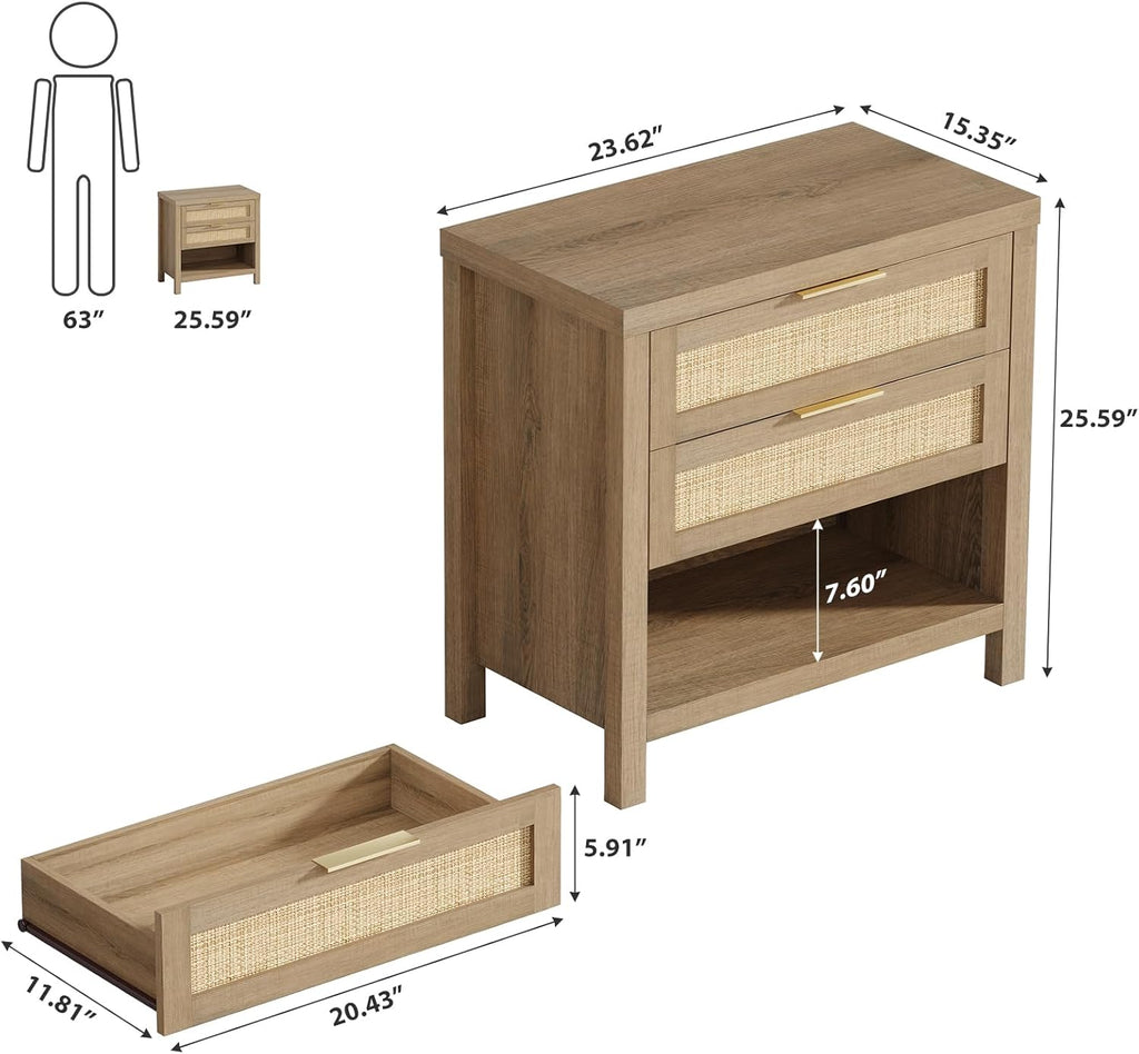 Rattan Nightstands Set of 2, Farmhouse Bedside Table with 2 Drawers and Storage Shelf, Rattan Boho Accent Night