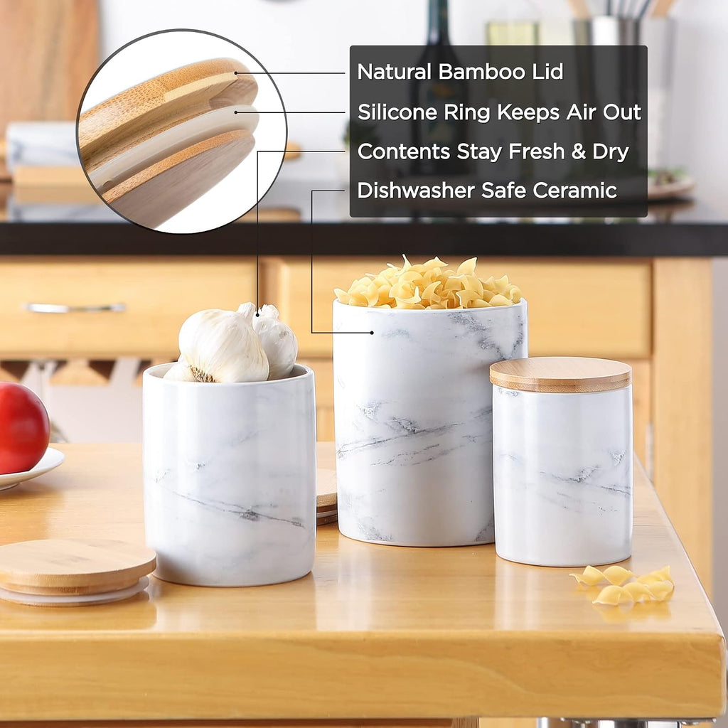 Kitchen Accessories Collection, Textured Matte Ceramic Canister Set, Antique White, Vine - Set of 3