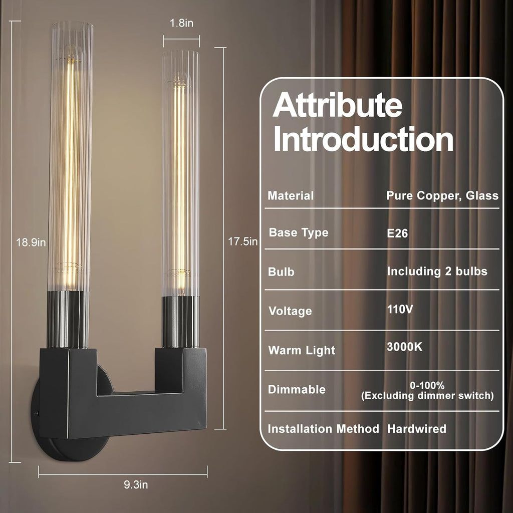 Inspired Cannele Style Modern Black Wall Sconces,19 Inch Double Bathroom Wall Sconce with Clear Glass Tube,Indoor 2-Light Vanity Mirror Wall Lights, for Bathroom,Living Room, Bedroom, Hallway, Entryway,Fireplace, Staircase