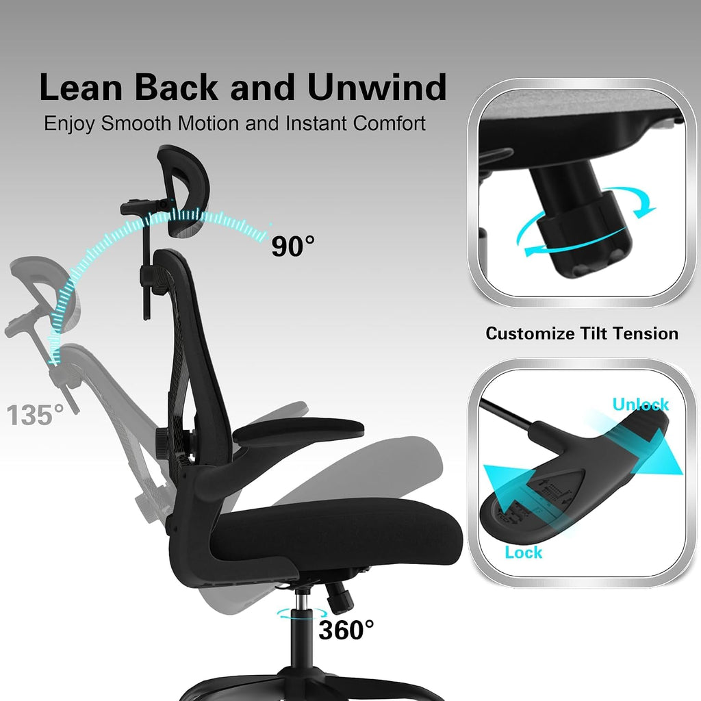Home Office Desk Chairs, Ergonomic with Lumbar Support & 3D Headrest, Computer Desk Chair with Flip-up Armrests