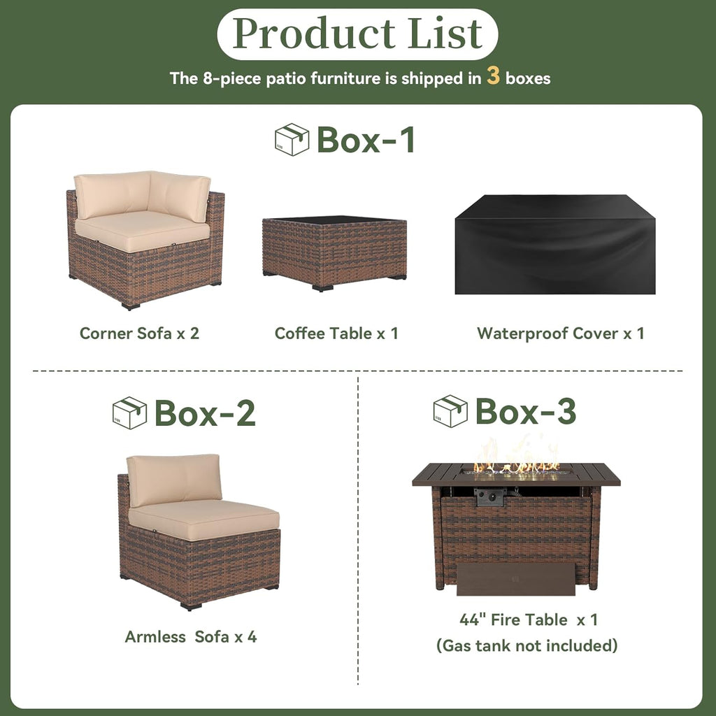 8 Piece Patio Furniture Set with 44” Fire Pit Table Wicker Rattan Outdoor Sectional Sofa Set with Coffee Table