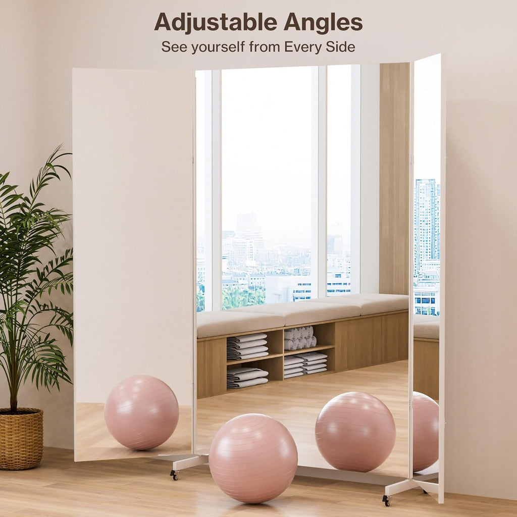 Full Length Stand Up Mirror on Wheels, 79''×67'', Large Tri-Fold Floor Mirror with Stand, Movable 3-Way