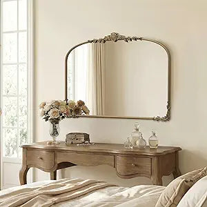 Large Gold Arched Mirror: 40"X30" Matt Gold Baroque Vintage Wall Mirror - Traditional Ornate