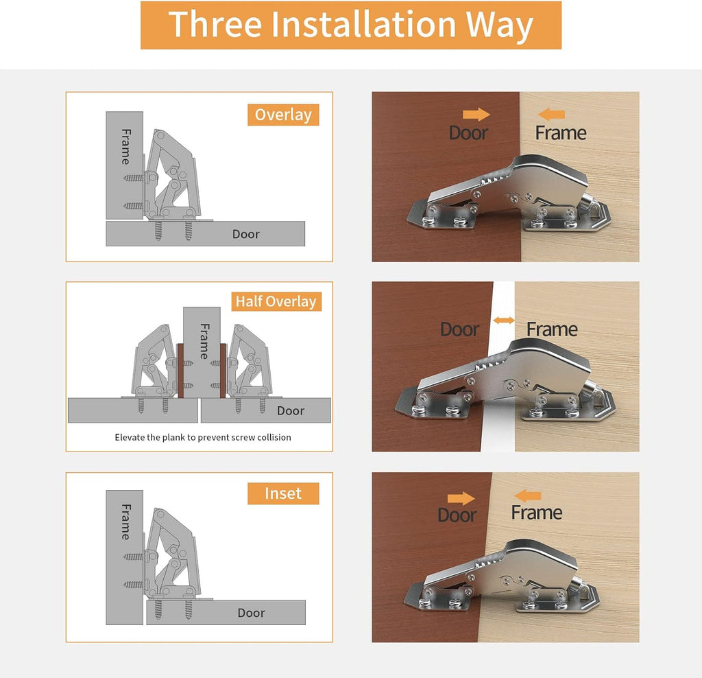 4 Pack 90 Degree Soft Close Surface Mount Spring Hinges, Easy Installation No Pre-drilled, Noiseless Frameless Hidden
