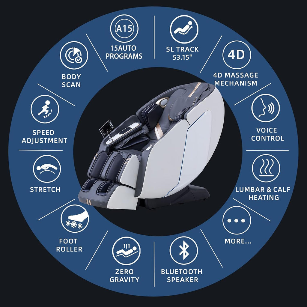 MT398 4D Full Body Massage Chair, 55"SL Track, Zero Gravity, White | Lumber and calf heat, Yoga stretch, 15 modes