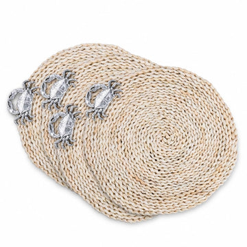 Twisted Seagrass Placemats with Metal Crab Medallion - Set of 4, 16 Inch Diameter for Coastal Dining