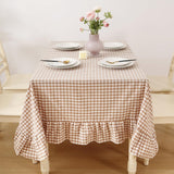 Taupe White Gingham Ruffled Table Cloth Rectangular for Seat 8-10, 100% Washed Cotton Buffet Cottage