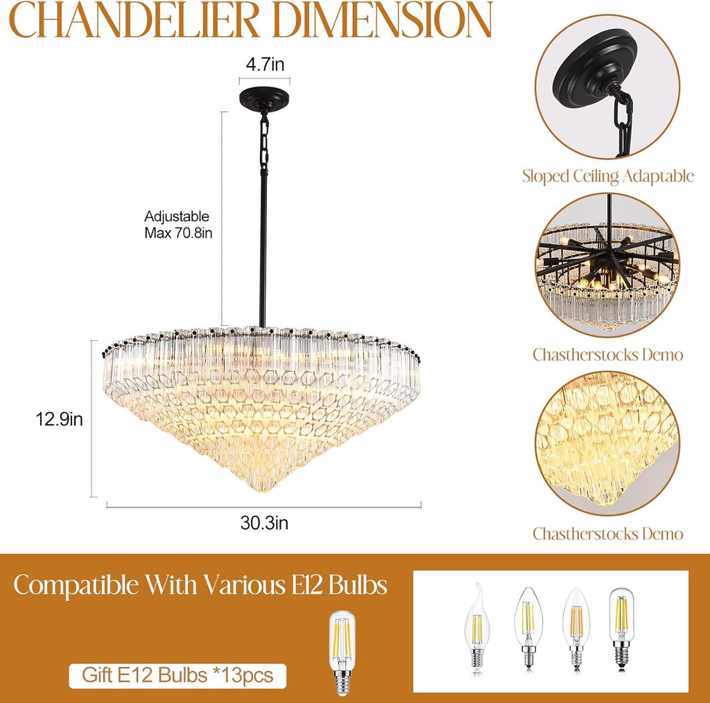 Round Clear Chandelier Black, 13-Light Chandeliers for Dining Room, 30" Minimalist Honeycomb Glass Chandeliers for Living Room & Staircase, Dimmable Crystal Ceiling Light for Bedroom
