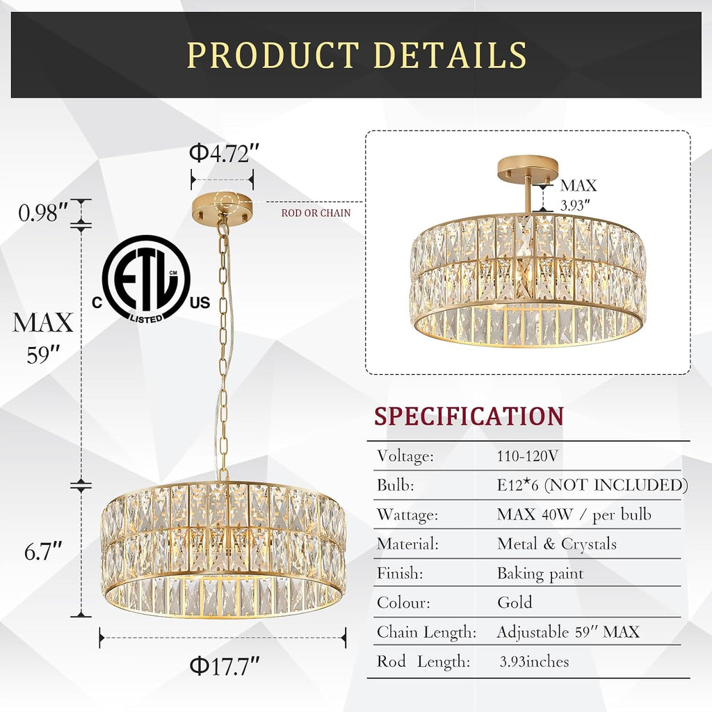 Modern Crystal Chandelier for Dining Room Gold Semi Flush Mount Ceiling Light Fixtures 18" Large Round Crystal
