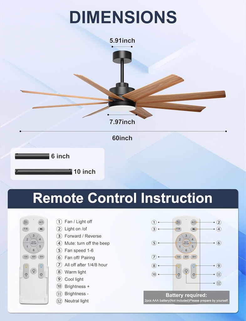 60'' Ceiling Fan with Light - 8 Blades Modern Farmhouse Ceiling Fan Remote/APP Control, Dimmable