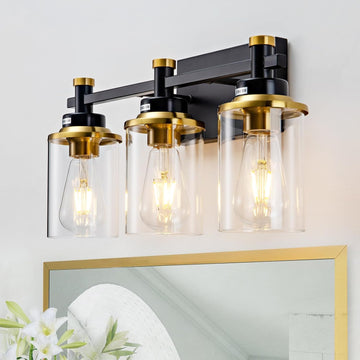 3 Light Bathroom Light Fixtures, Black and Brushed Gold Vanity Light Fixture Over Mirror, Modern Wall Sconces