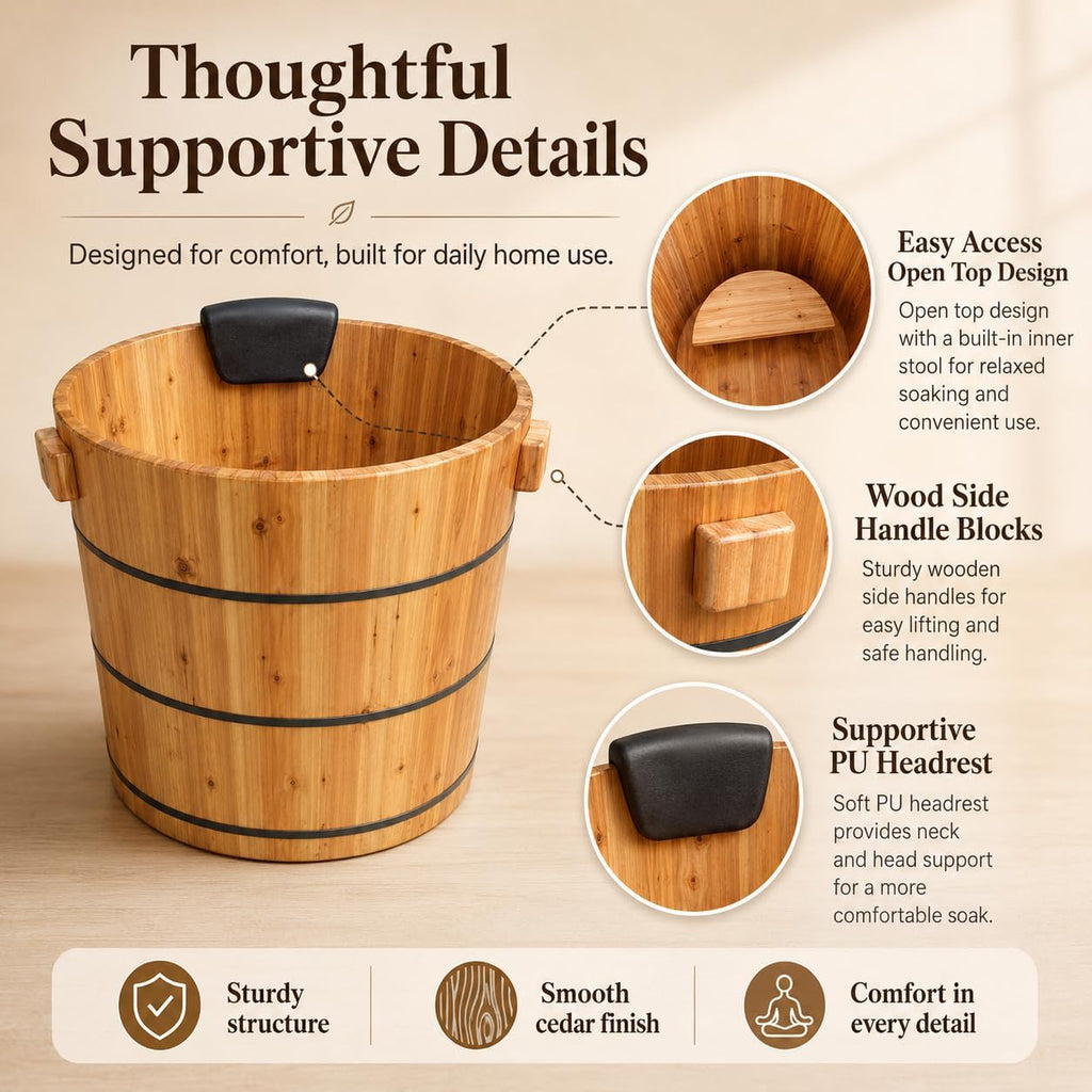 Luxury Fragrant Cedar Soaking Tub - Japanese Style Round Wooden Bathtub with Foot Massager & Full Accessories (wooden