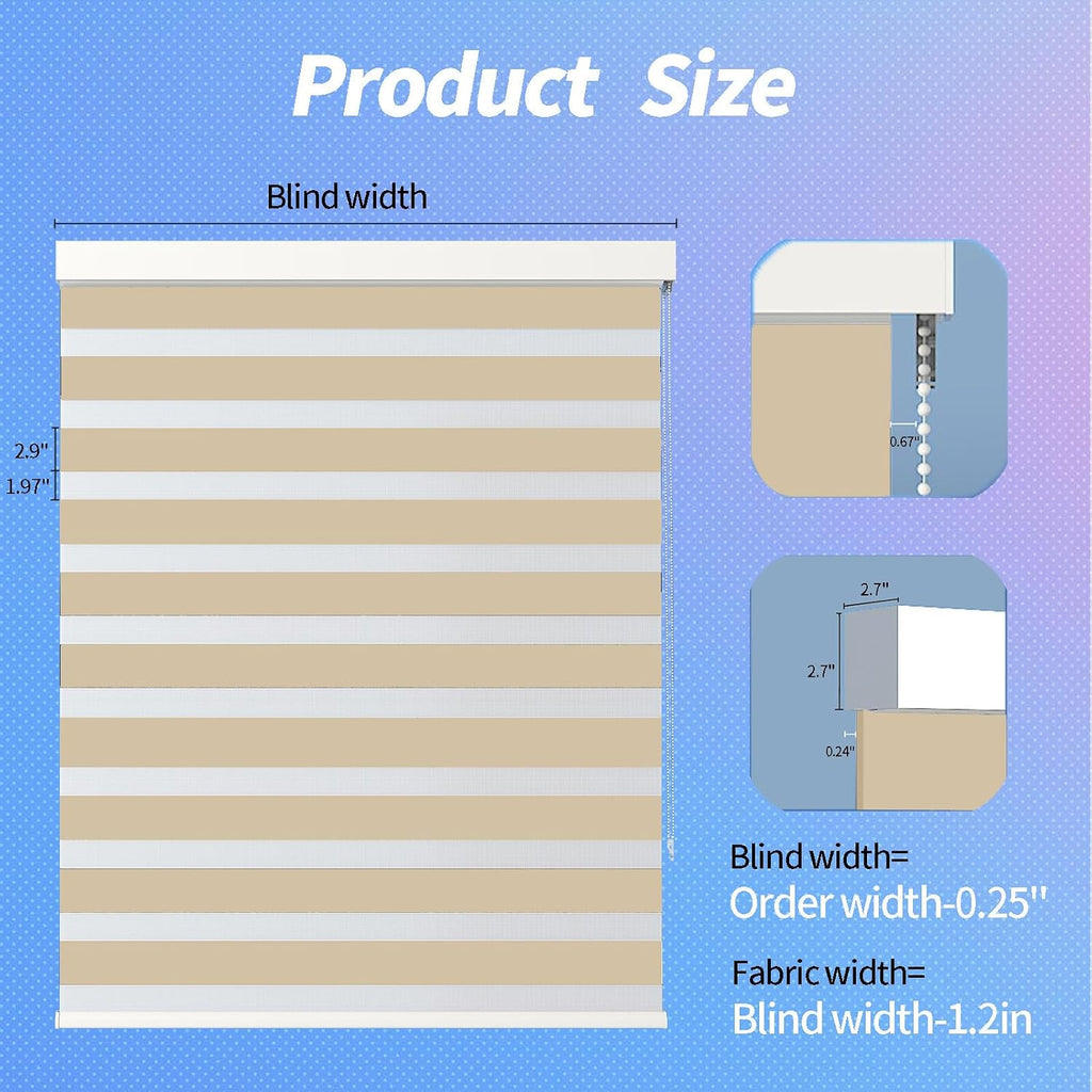 Zebra Blinds for Windows (34" W x 72" H, Light Brown) Zebra Roller Window Shades, Corded Dual Layer Light Filtering