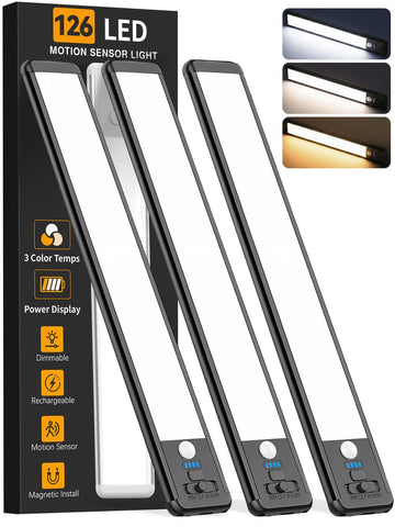 Under Cabinet Lighting Wireless, 15inch Motion Sensor Light, 3Pack-Black