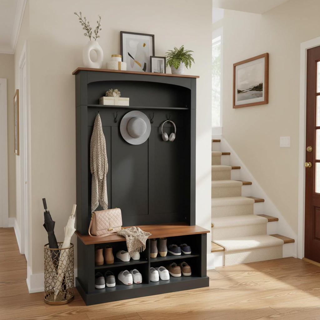 40.2" Wide Farmhouse Hall Tree with Bench, Entryway Coat Rack & Shoe Storage Cabinet with 5 Hooks, 71" Tall Mudroom